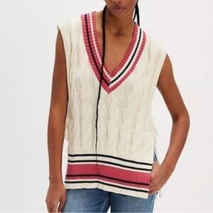 Free People V-Neck Cable Knit Sweater Vest - Cream and Pink